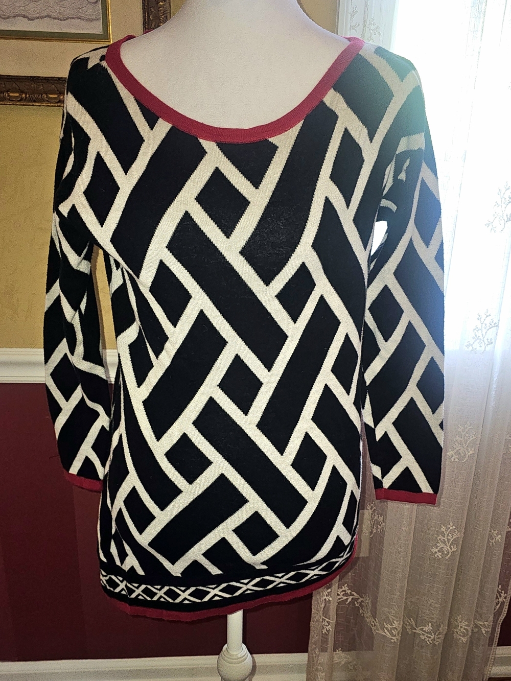 Rafaella Black & White Geometric Knit with Pink Trim